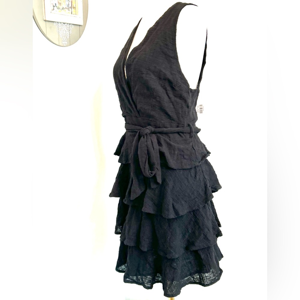 Paisley Womens Mini Dress Black Plunging Crossover V-Neck Waist Tie Tiered Skirt - Picture 7 of 11